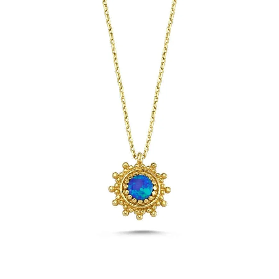 Small Sun Gold Necklace with Blue Opal Stone