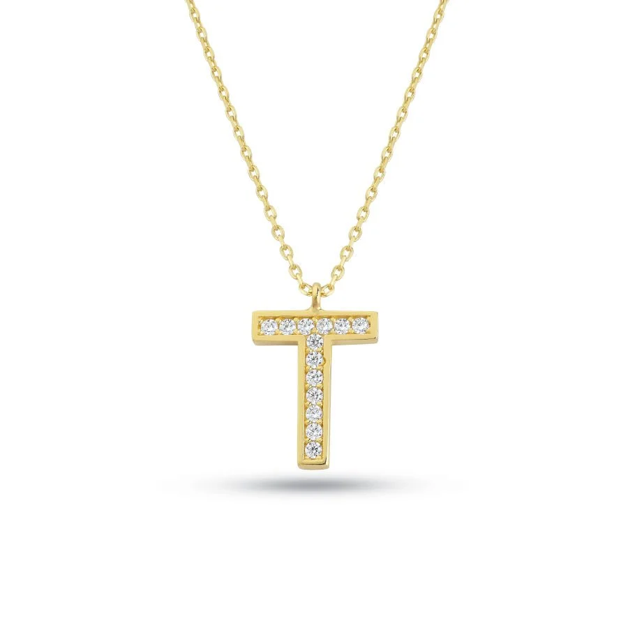 Gold Necklace with Letter T Stone - 1