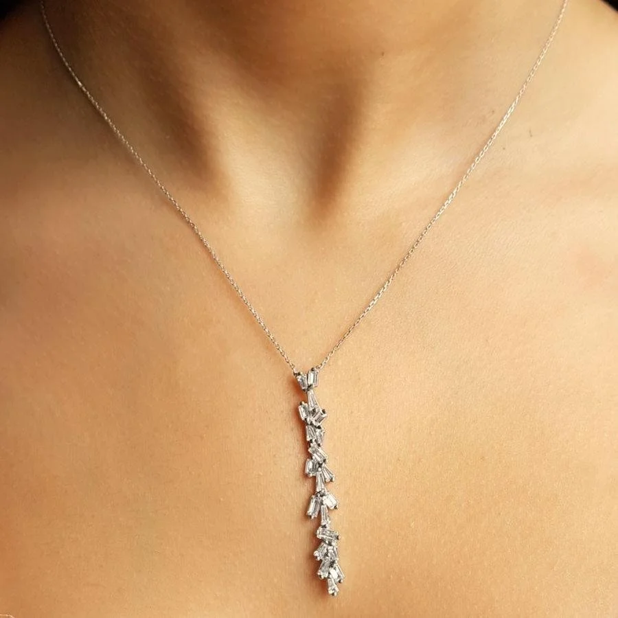 Tasarım Baget Taşlı Zikzak Gümüş Kadın Kolye - 2