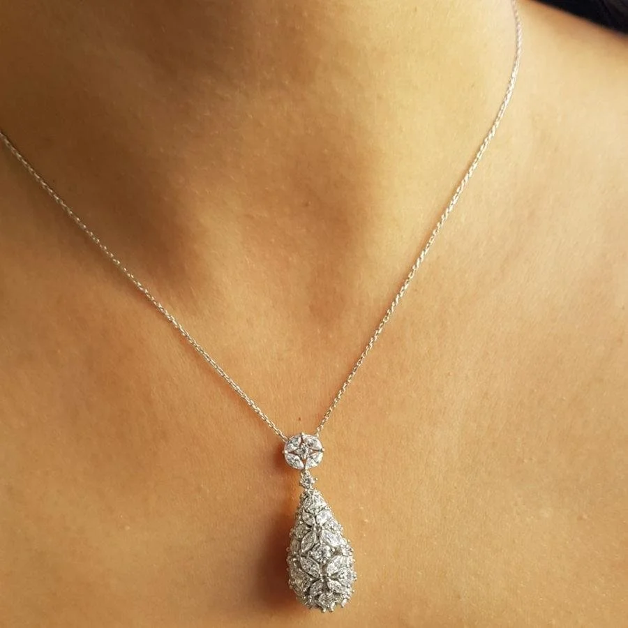 Tasarım Markiz Taşlı Üç Boyutlu Damla Gümüş Kadın Kolye - 2