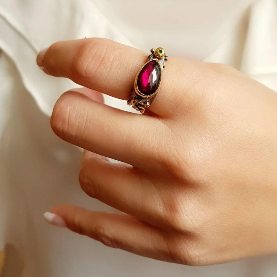 Tasarım El Yapımı Damla Granat Gümüş Kadın Yüzük - 1
