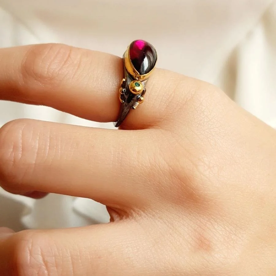 Tasarım El Yapımı Damla Granat Gümüş Kadın Yüzük - 2