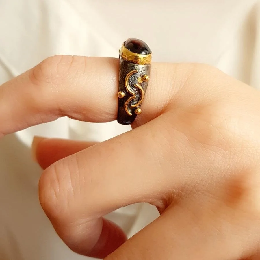 Tasarım El Yapımı Damla Granat Gümüş Kadın Yüzük - 3