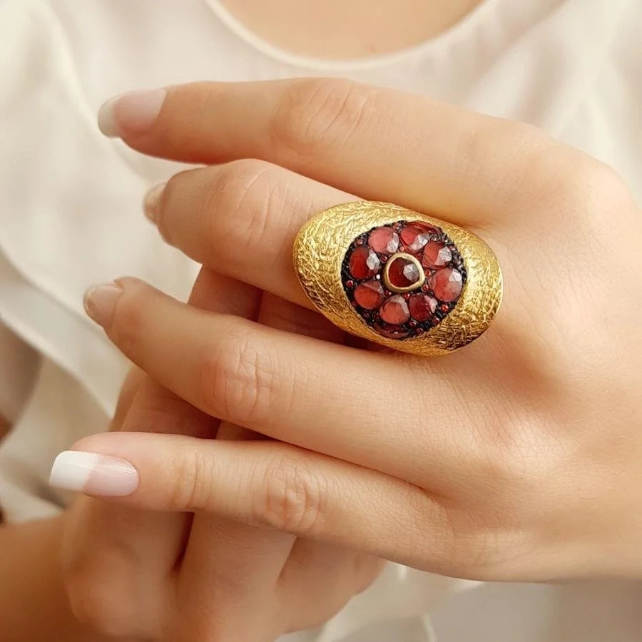 Tasarım El Yapımı Granat Taşlı Oval Gold Gümüş Kadın Yüzük - 1