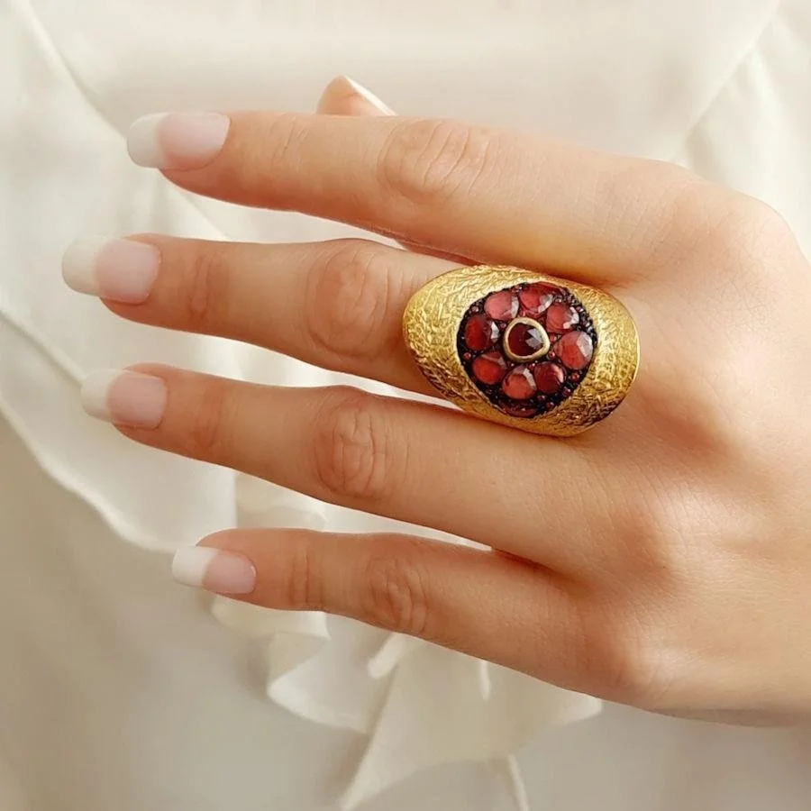Tasarım El Yapımı Granat Taşlı Oval Gold Gümüş Kadın Yüzük - 3
