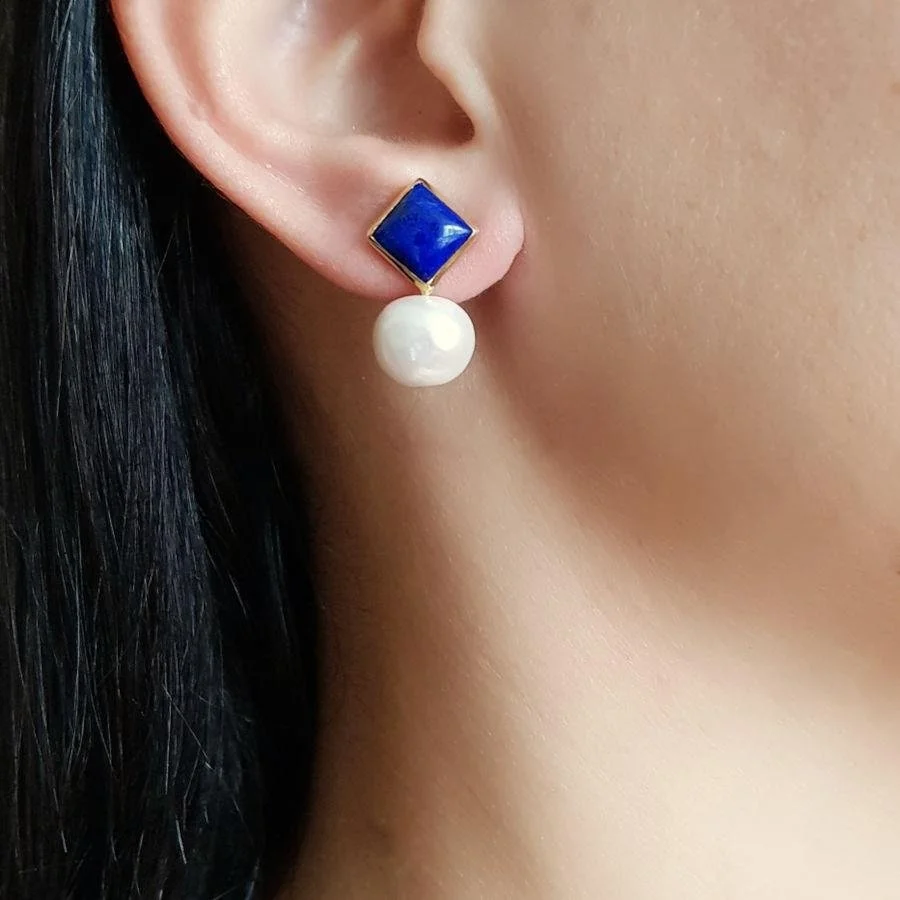 Tasarım El Yapımı Lapis Doğal İncili Gümüş Kadın Küpe - 1