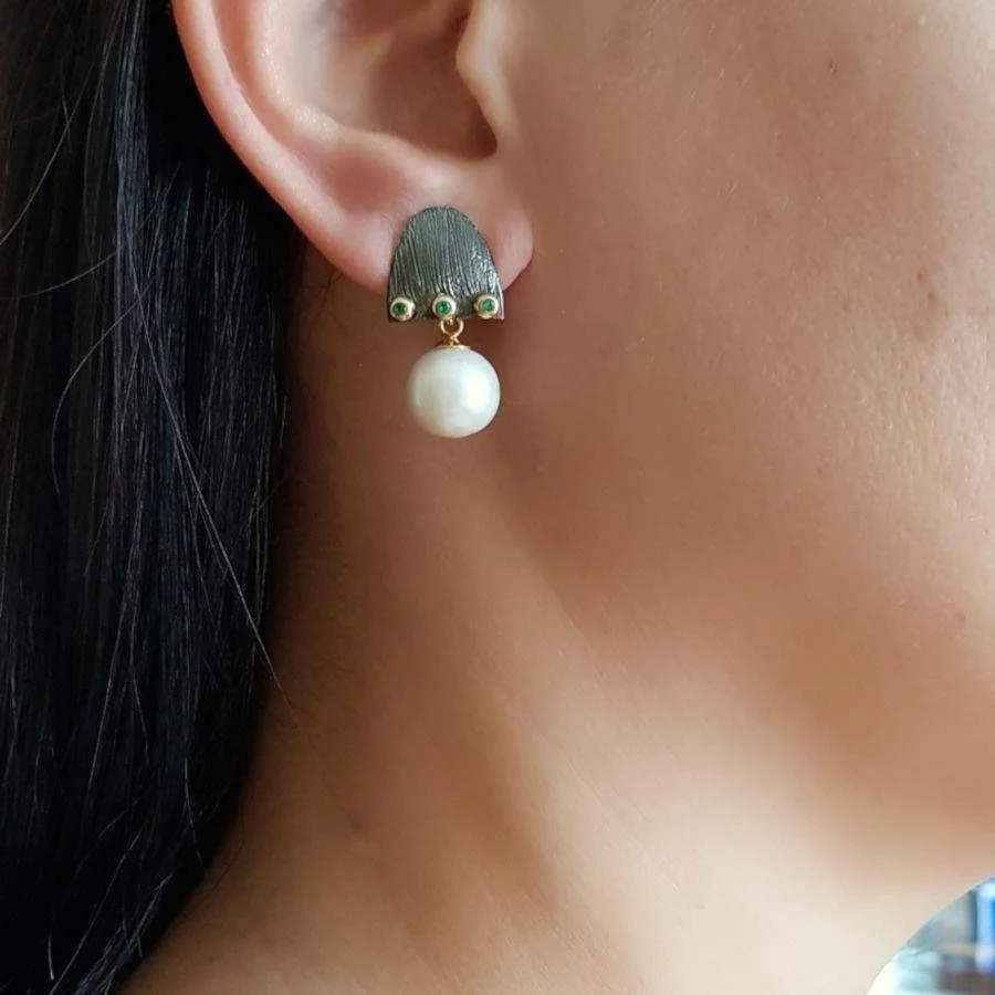 Tasarım El Yapımı Yeşil Taşlı Capello Doğal İncili Gümüş Kadın Küpe - 1