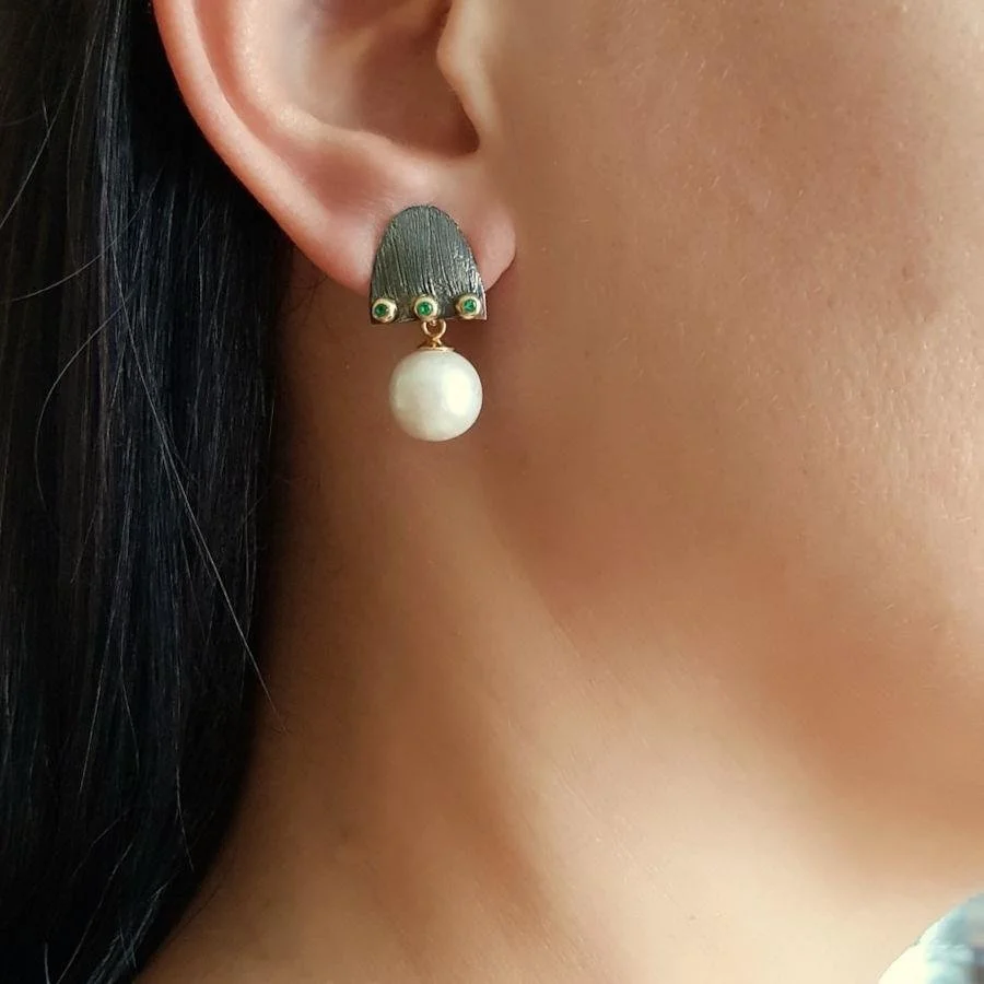 Tasarım El Yapımı Yeşil Taşlı Capello Doğal İncili Gümüş Kadın Küpe - 2