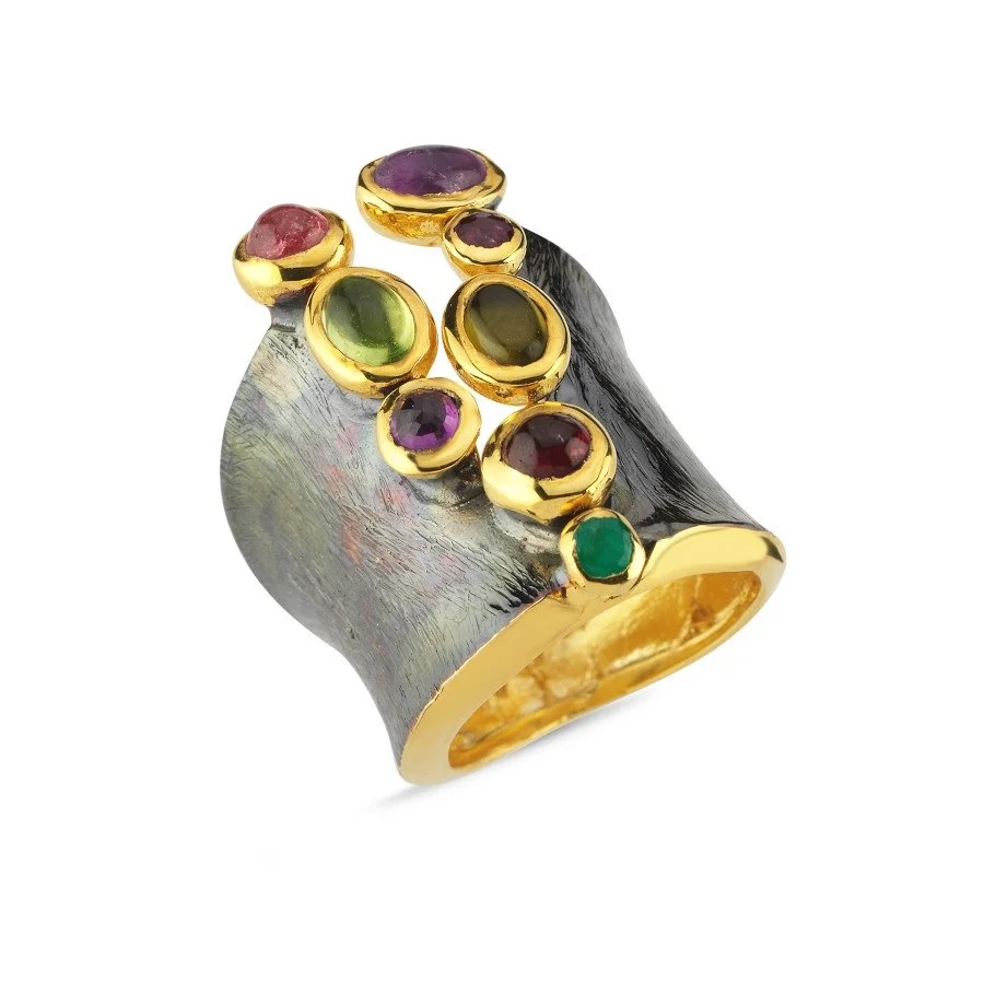 Tasarım Fermuar Mix Doğal Taşlı Kadın Gümüş Yüzük - 1