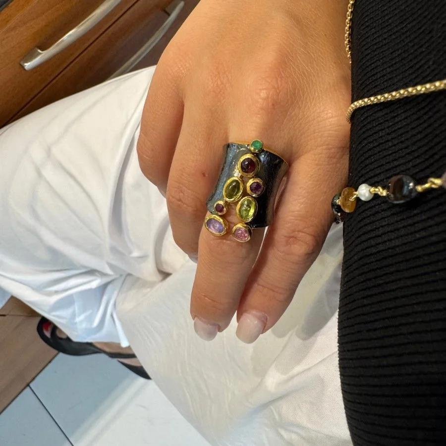 Tasarım Fermuar Mix Doğal Taşlı Kadın Gümüş Yüzük - 2