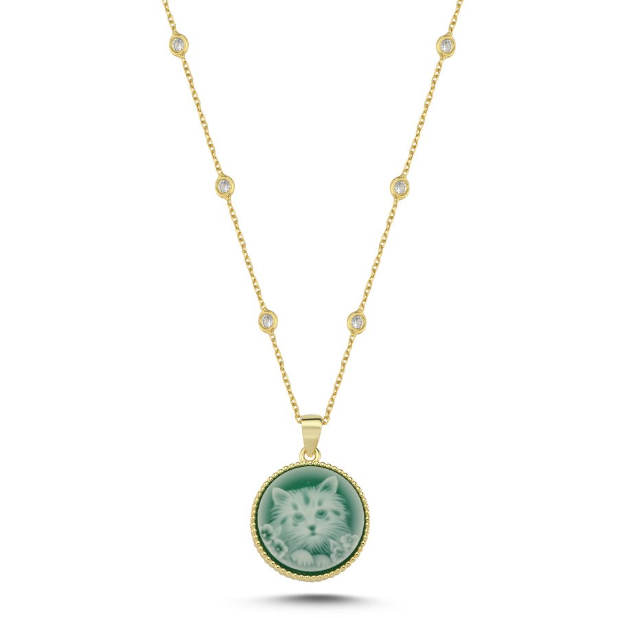 Tasarım Kedi İşlemeli Yeşil Taşlı Gümüş Kolye - CNG Jewels