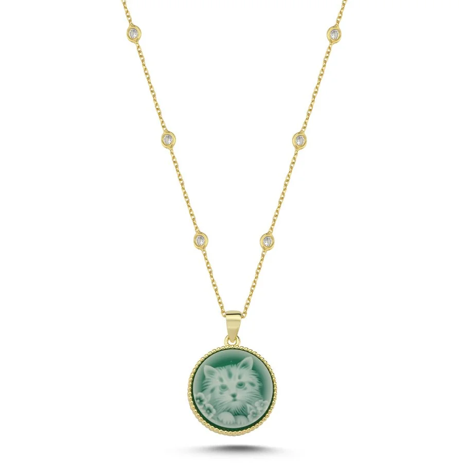 Tasarım Kedi İşlemeli Yeşil Taşlı Gümüş Kolye - 1