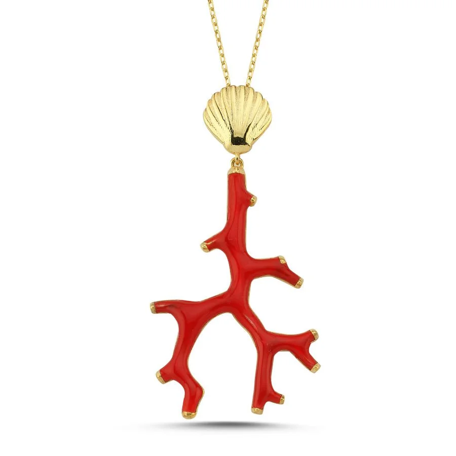 Designed Coral Enamel Silver Women's Necklace - 1
