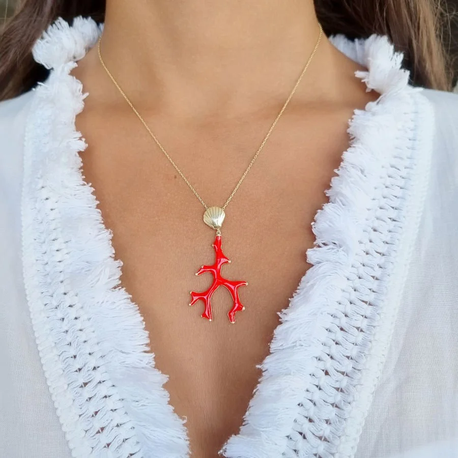 Designed Coral Enamel Silver Women's Necklace - 2