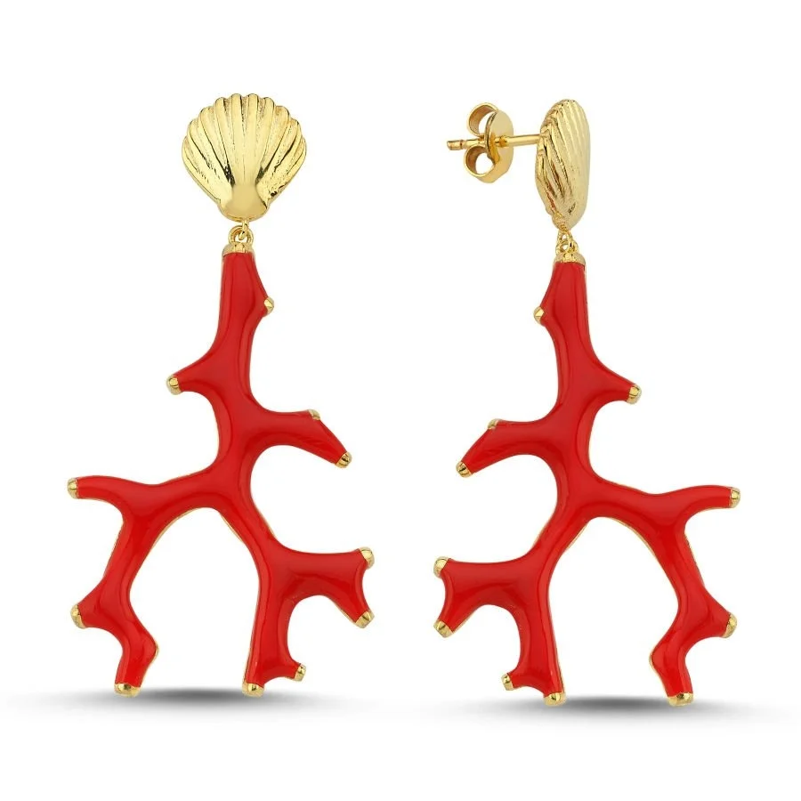 Designed Coral Enamel Silver Women's Earrings - 1