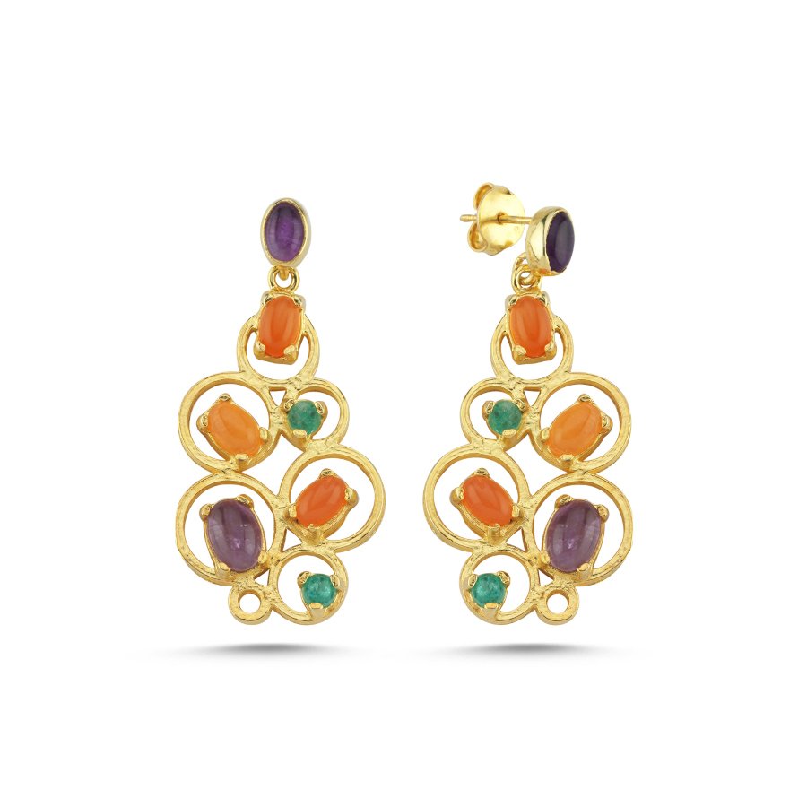 Tasarım Petek Carnelian Ametist Taşlı Gümüş Küpe - CNG Jewels