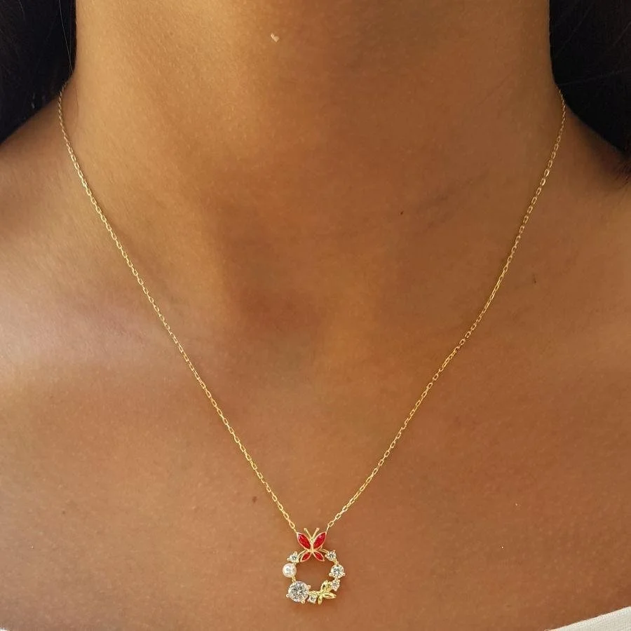 Tasarım Taşlı İncili Kırmızı Kelebek Gümüş Kadın Kolye - 1