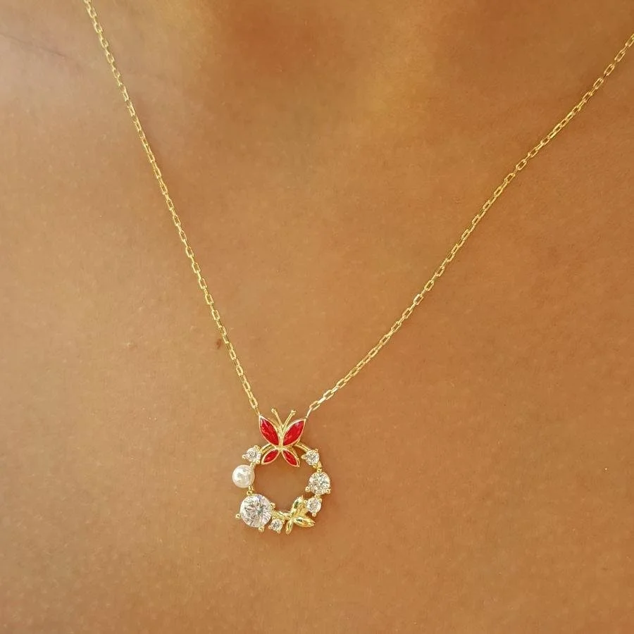 Tasarım Taşlı İncili Kırmızı Kelebek Gümüş Kadın Kolye - 2