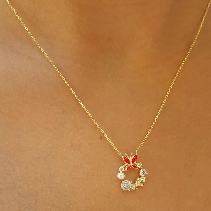 Tasarım Taşlı İncili Kırmızı Kelebek Gümüş Kadın Kolye - 3