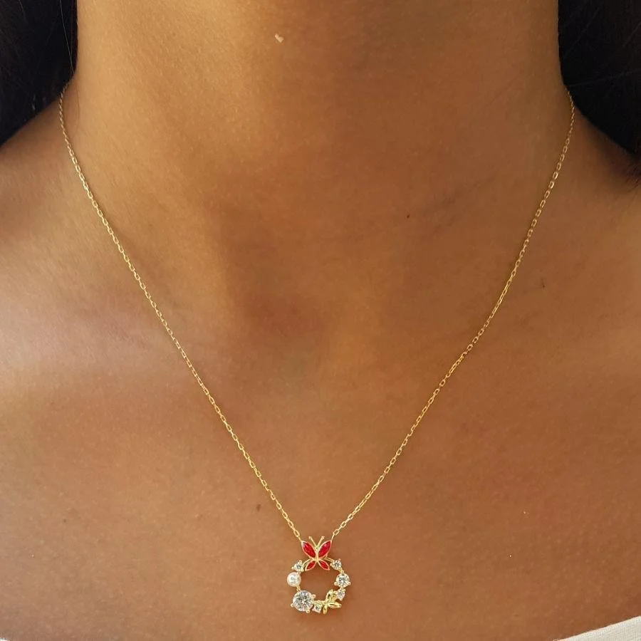 Tasarım Taşlı İncili Kırmızı Kelebek Gümüş Kadın Kolye - 1