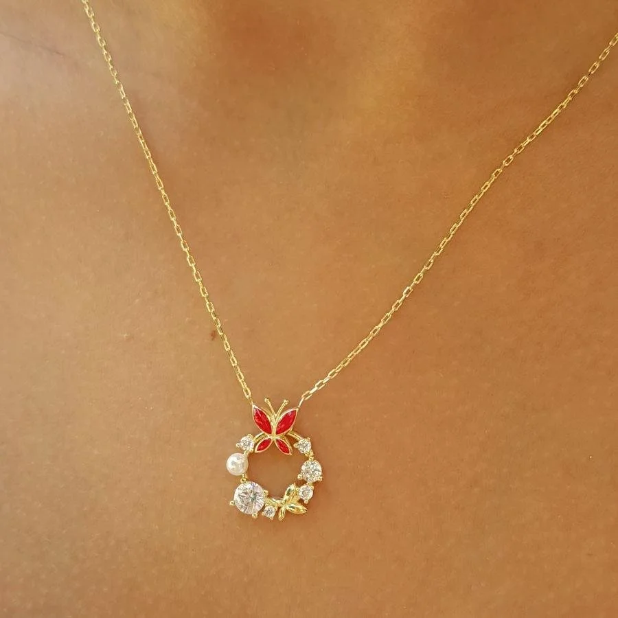 Tasarım Taşlı İncili Kırmızı Kelebek Gümüş Kadın Kolye - 2