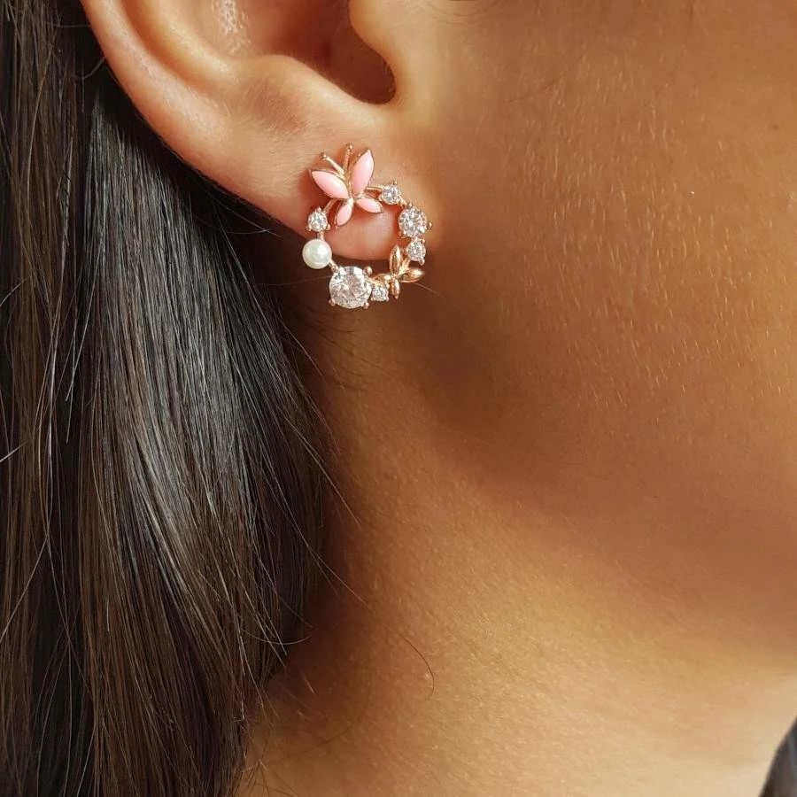 Tasarım Taşlı İncili Pembe Kelebek Gümüş Kadın Küpe - 1