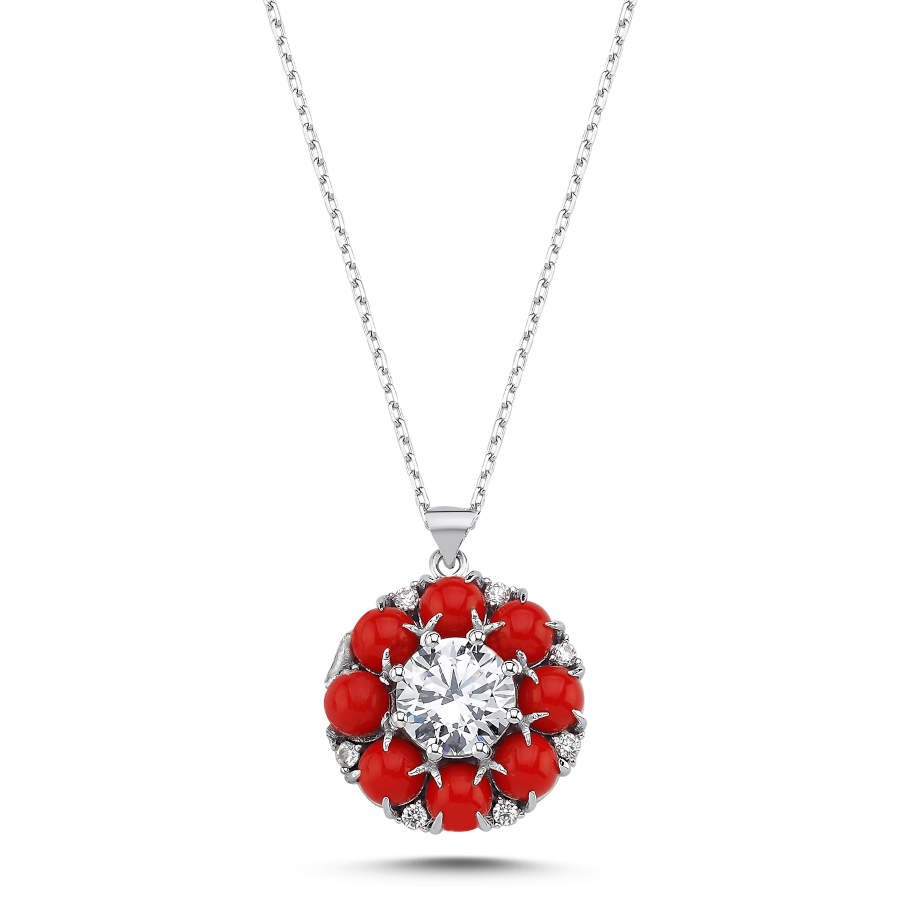 Designed Solitaire Pave Coral Women's Silver Necklace - CNG Jewels