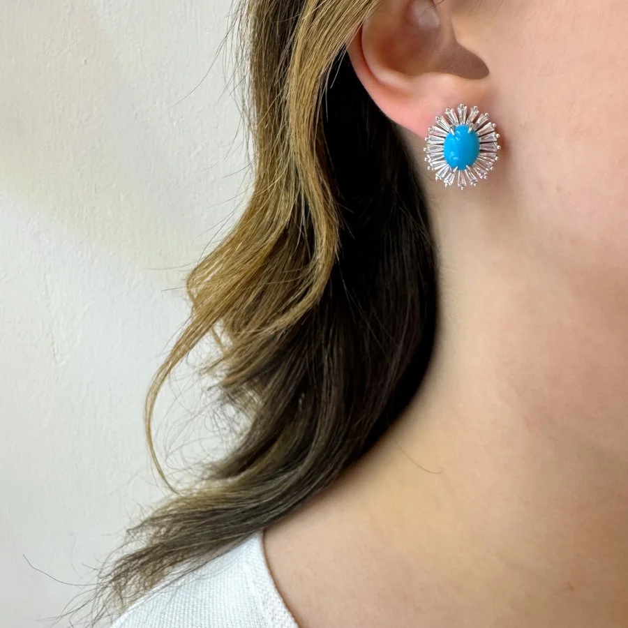 Tasarım Turkuaz Taşlı Papatya Kadın Gümüş Küpe - 2