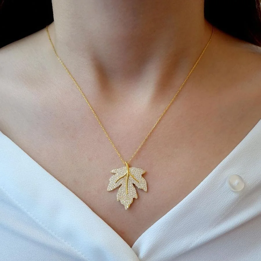 Tasarım Çınar Yaprağı Gümüş Kadın Kolye - 2