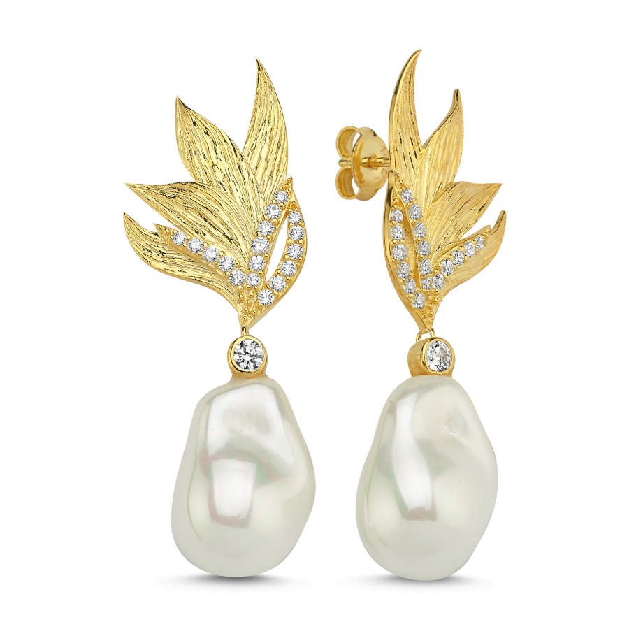 Tasarım Yaprak Sallantılı Amorf İnci Kadın Gümüş Küpe - CNG Jewels