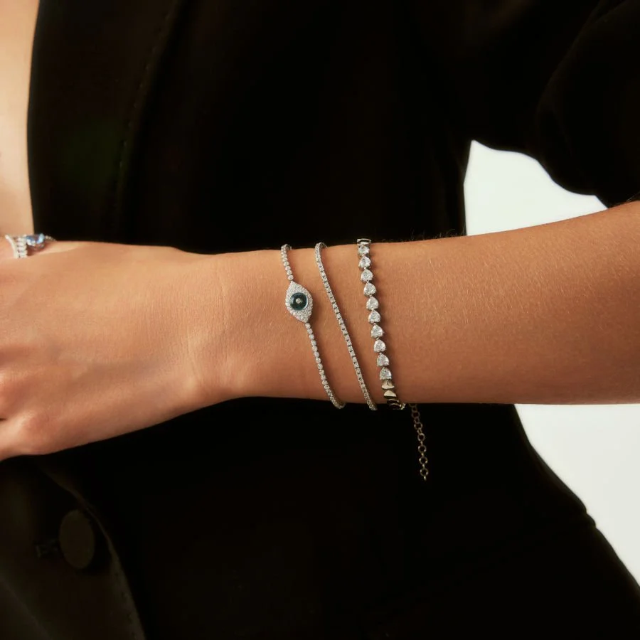 Taşlı Badem Cam Göz Kadın Su Yolu Gümüş Bileklik - 2