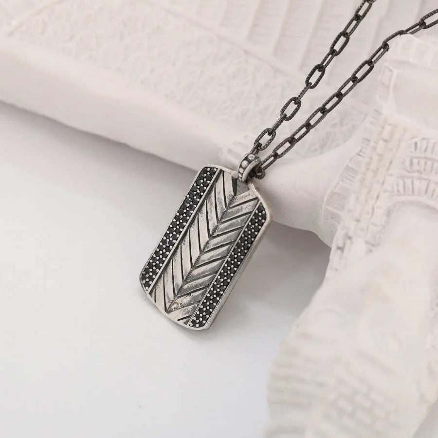 Taşlı Başak Desenli Plaka Uzun Zincirli Gümüş Erkek Kolyesi - 1