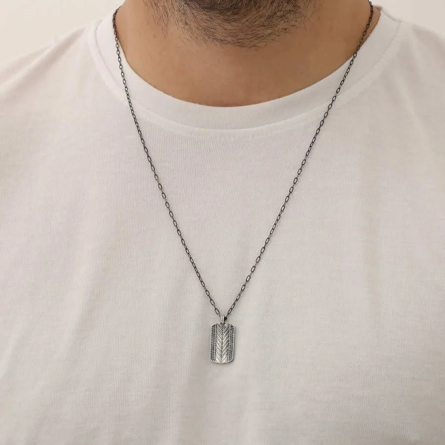 Taşlı Başak Desenli Plaka Uzun Zincirli Gümüş Erkek Kolyesi - 3