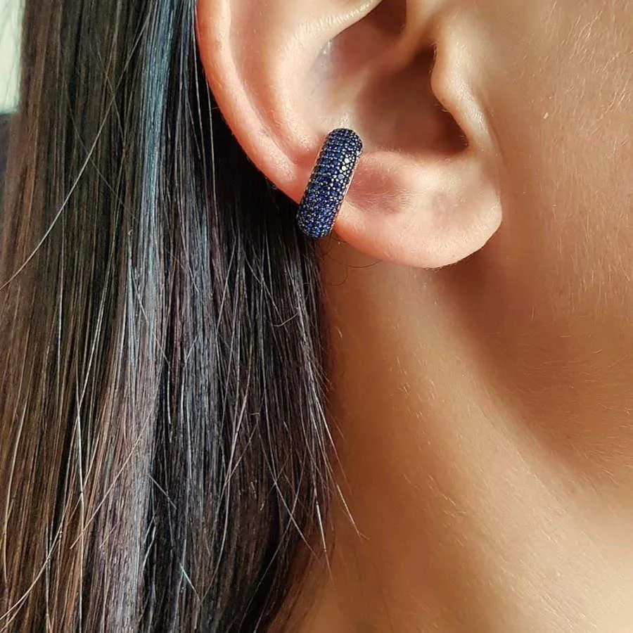 Taşlı Bombe Halka Safir Taşlı Kıkırdak Gümüş Kadın Küpe - 1