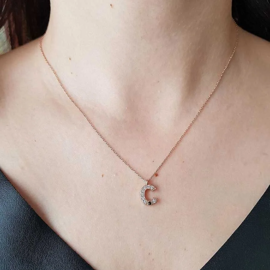 Letter C Silver Women's Necklace with Stones - 1