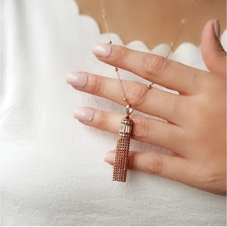 Taşlı Fener Zincir Püsküllü Uzun Gümüş Kadın Kolye - 2