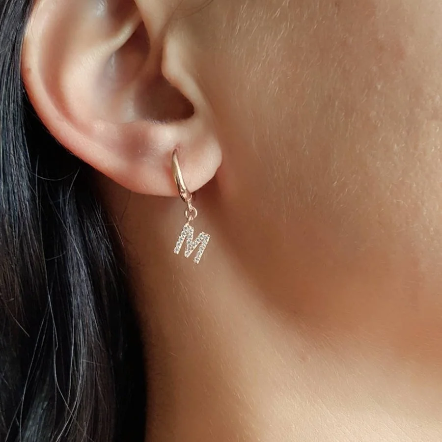 Taşlı Harfli Sallantılı Gümüş Kadın Halka Küpe - 1