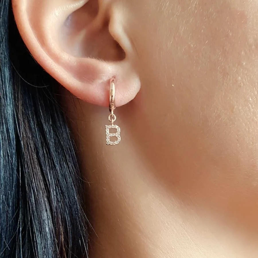 Taşlı Harfli Sallantılı Gümüş Kadın Halka Küpe - 4