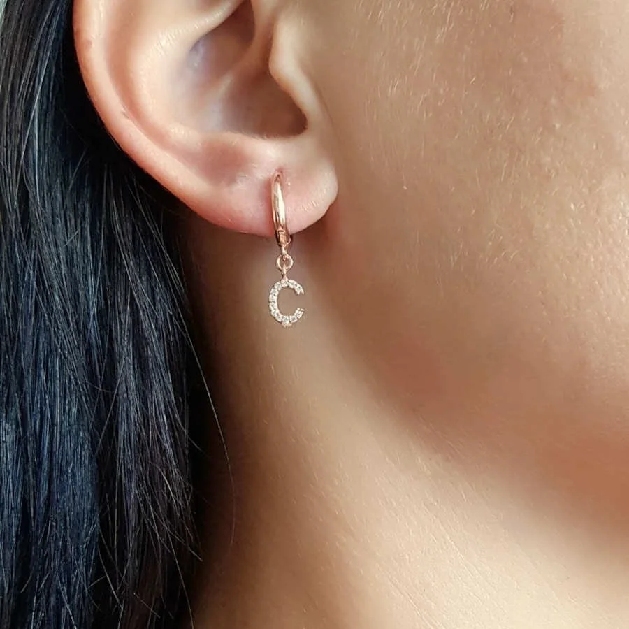 Taşlı Harfli Sallantılı Gümüş Kadın Halka Küpe - 5