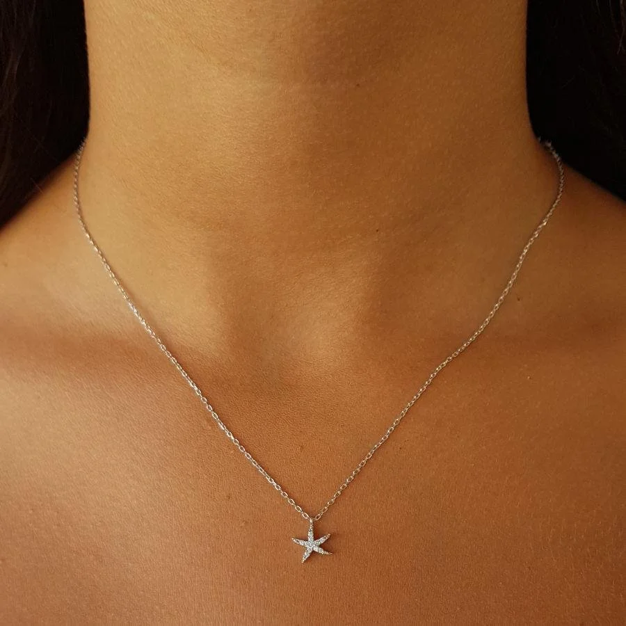 Taşlı Küçük Deniz Yıldızı Gümüş Kadın Kolye - 2
