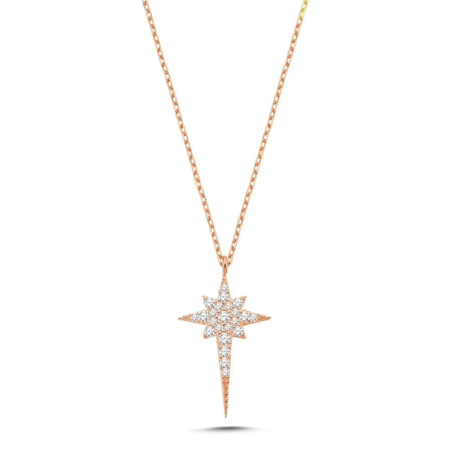 Taşlı Kutup Yıldızı Rosegold Gümüş Kadın Kolye - 1