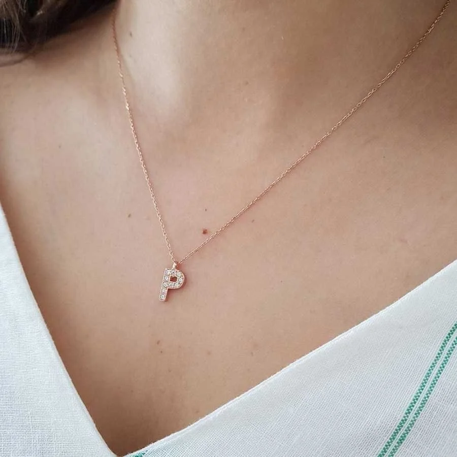 Letter P Silver Women's Necklace with Stones - 1