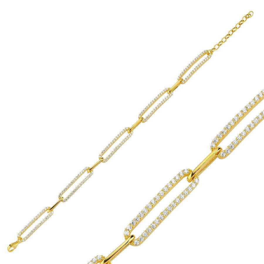 Taşlı Uzun Ataş Zincir Gold Gümüş Bileklik - CNG Jewels