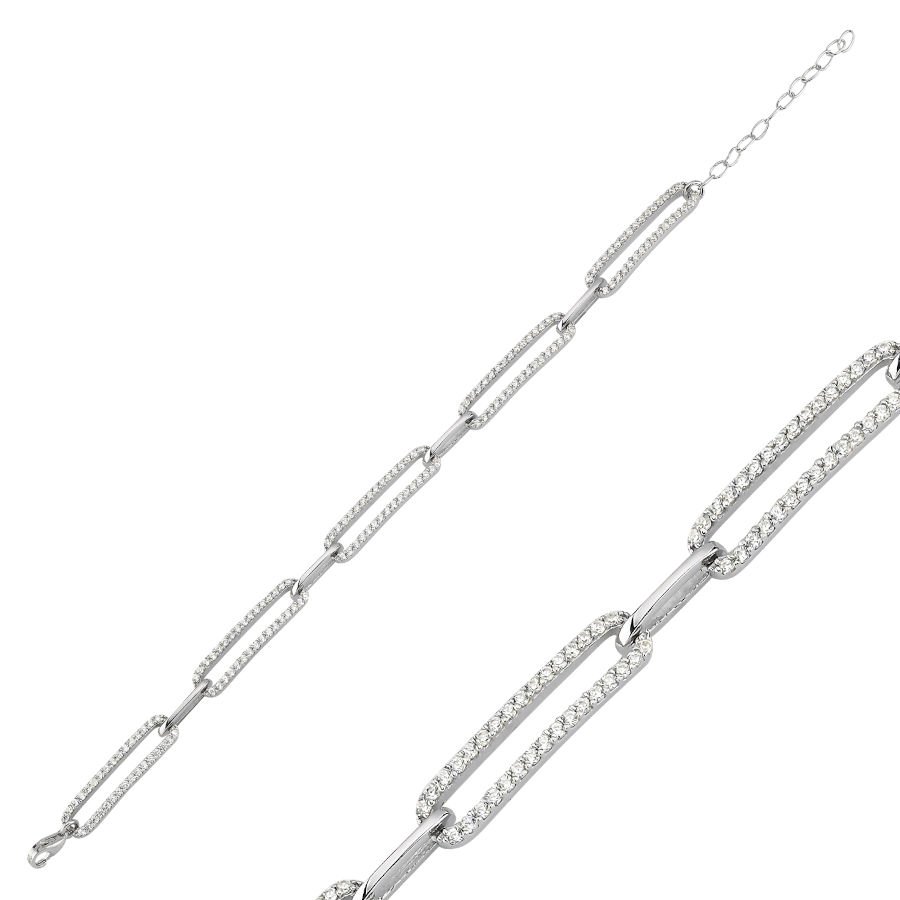 Taşlı Uzun Ataş Zincir Gümüş Bileklik - CNG Jewels