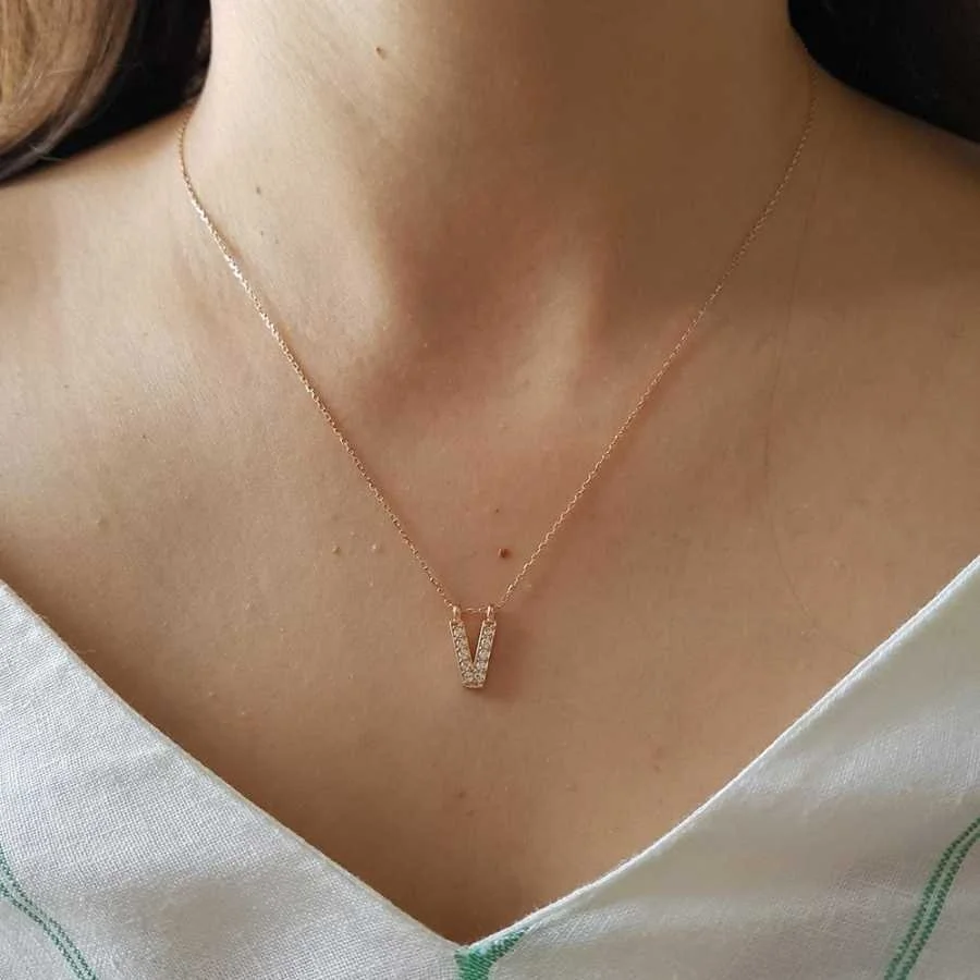 Letter V Silver Women's Necklace with Stones - 1