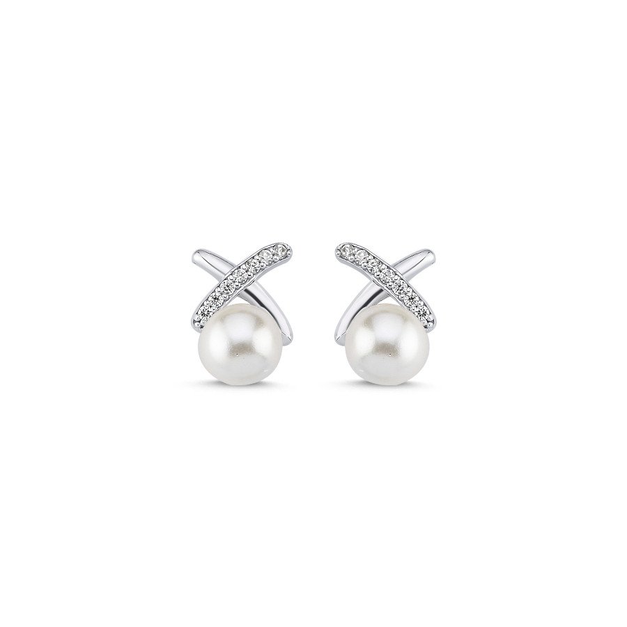 Taşlı X Minimal Gümüş İnci Küpe - CNG Jewels