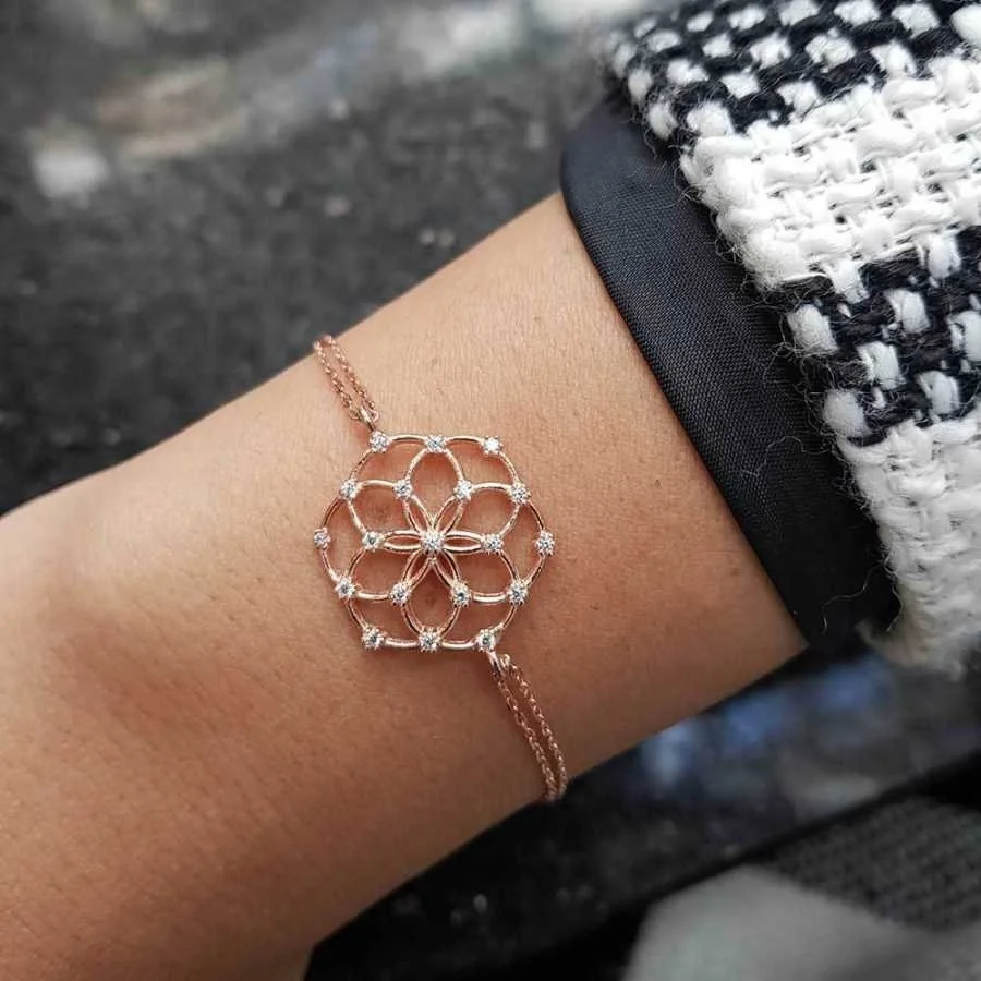 Taşlı Yaşam Çiçeği Rose Kadın Gümüş Bileklik - 1