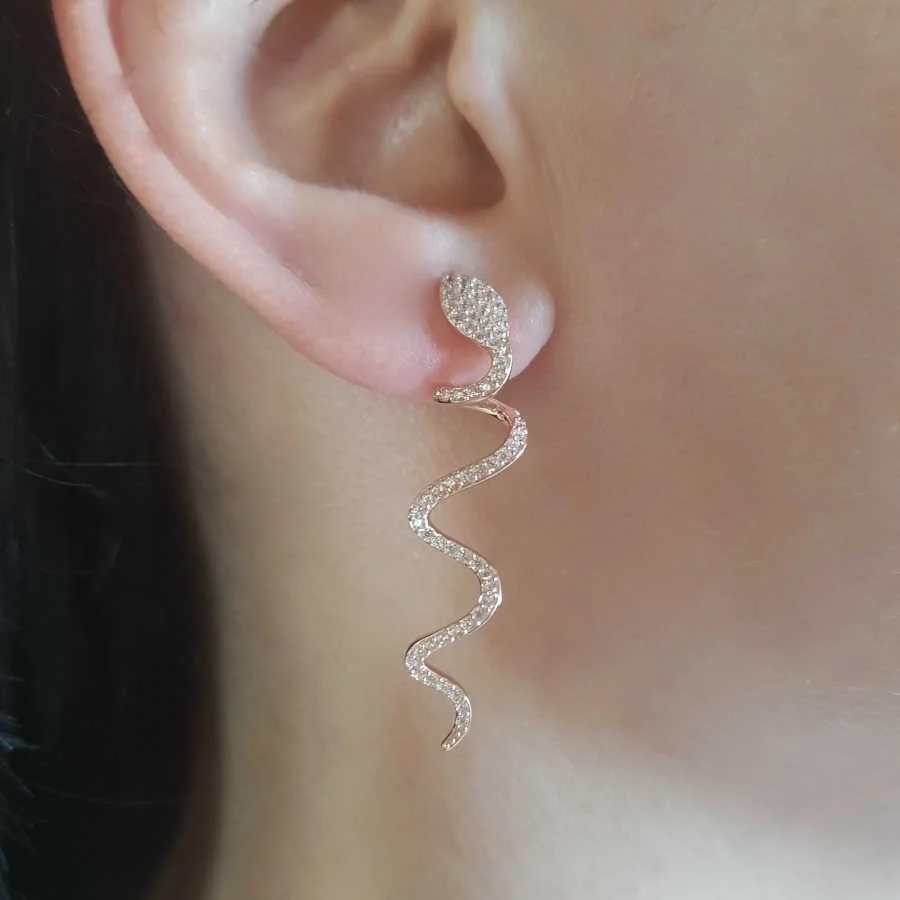 Taşlı Yılan Rose Gümüş Kadın Küpe - 1