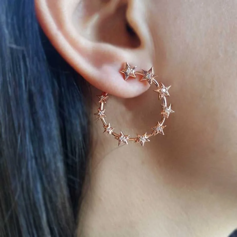 Taşlı Yıldız Çember Rose Gümüş Küpe - 1