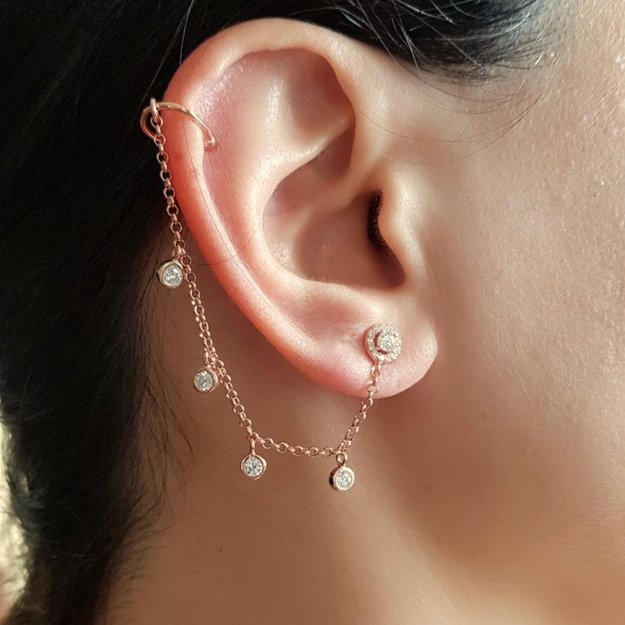 Solitaire Chain Cartilage Cuff Rose Silver Women's Earrings with Stones - CNG Jewels (1)